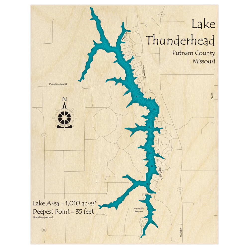 Bathymetric topo map of Lake Thunderhead * with roads, towns and depths noted in blue water