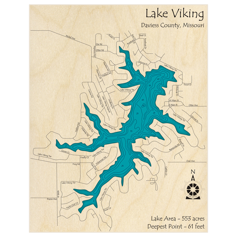 Bathymetric topo map of Lake Viking with roads, towns and depths noted in blue water