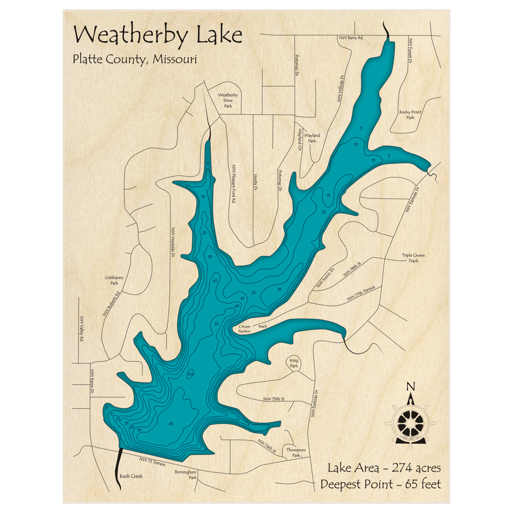 Bathymetric topo map of Weatherby Lake with roads, towns and depths noted in blue water