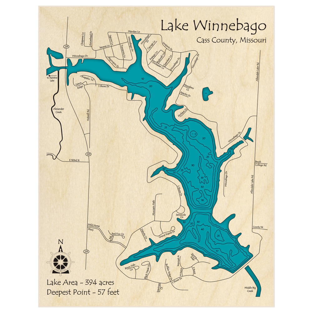 Bathymetric topo map of Lake Winnebago with roads, towns and depths noted in blue water