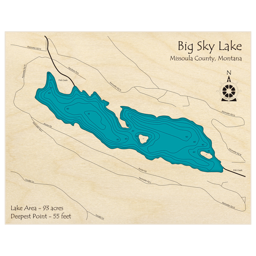 Bathymetric topo map of Big Sky Lake with roads, towns and depths noted in blue water