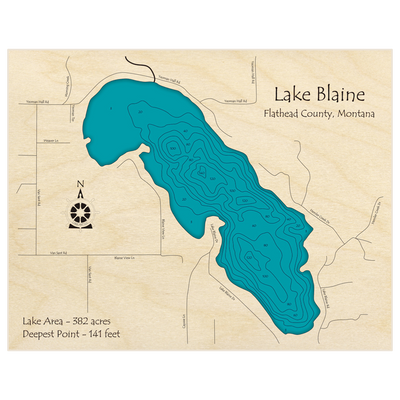 Bathymetric topo map of Lake Blaine with roads, towns and depths noted in blue water