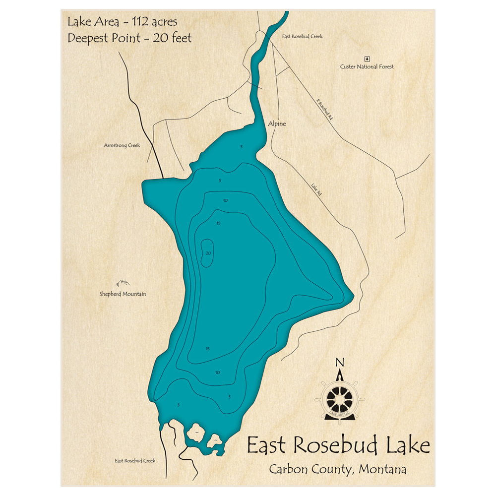 Bathymetric topo map of East Rosebud Lake with roads, towns and depths noted in blue water