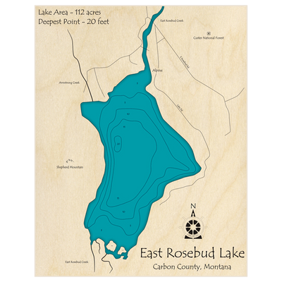 Bathymetric topo map of East Rosebud Lake with roads, towns and depths noted in blue water