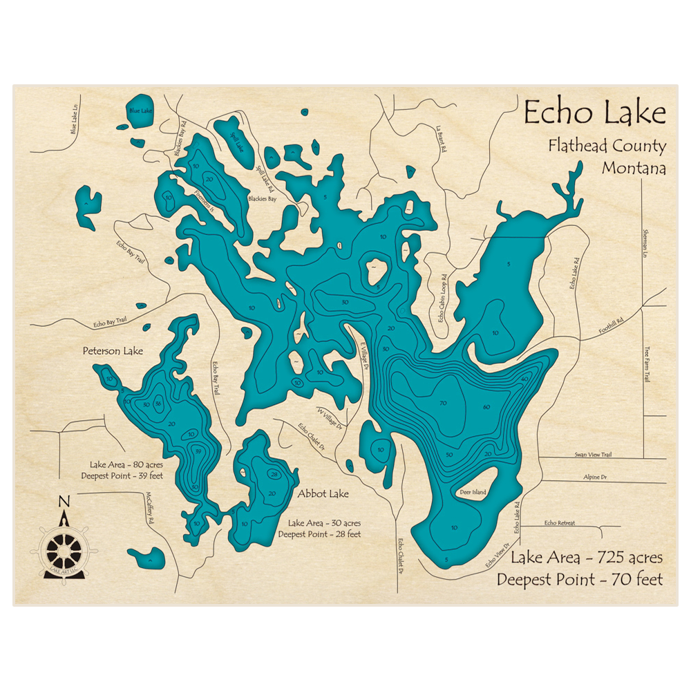 Bathymetric topo map of Echo Lake with roads, towns and depths noted in blue water