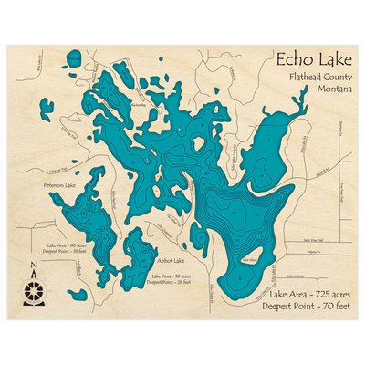 Bathymetric topo map of Echo Lake with roads, towns and depths noted in blue water