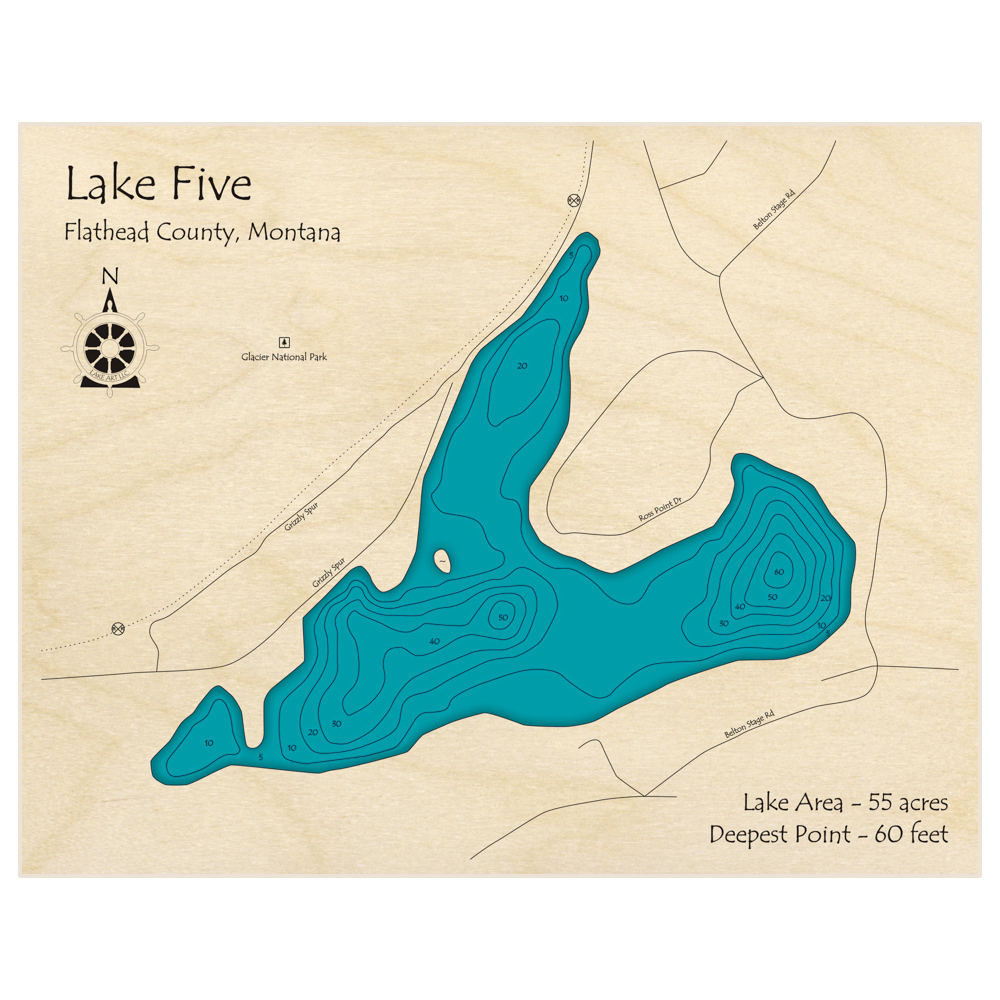 Bathymetric topo map of Lake Five with roads, towns and depths noted in blue water