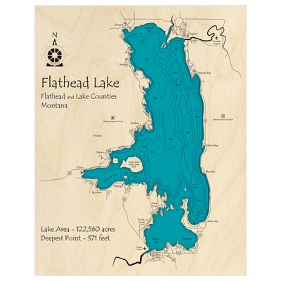 Bathymetric topo map of Flathead Lake with roads, towns and depths noted in blue water