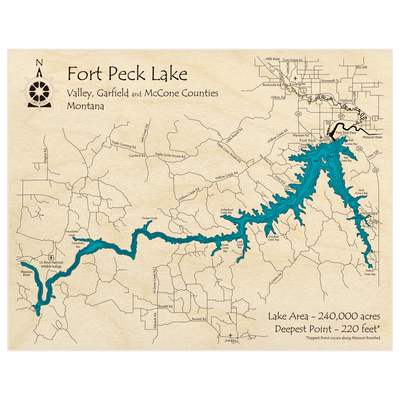 Bathymetric topo map of Fort Peck Lake with roads, towns and depths noted in blue water