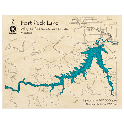 Bathymetric topo map of Fort Peck Lake (zoomed in slightly) with roads, towns and depths noted in blue water