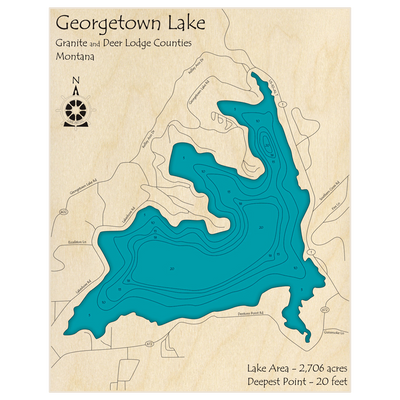 Bathymetric topo map of Georgetown Lake with roads, towns and depths noted in blue water