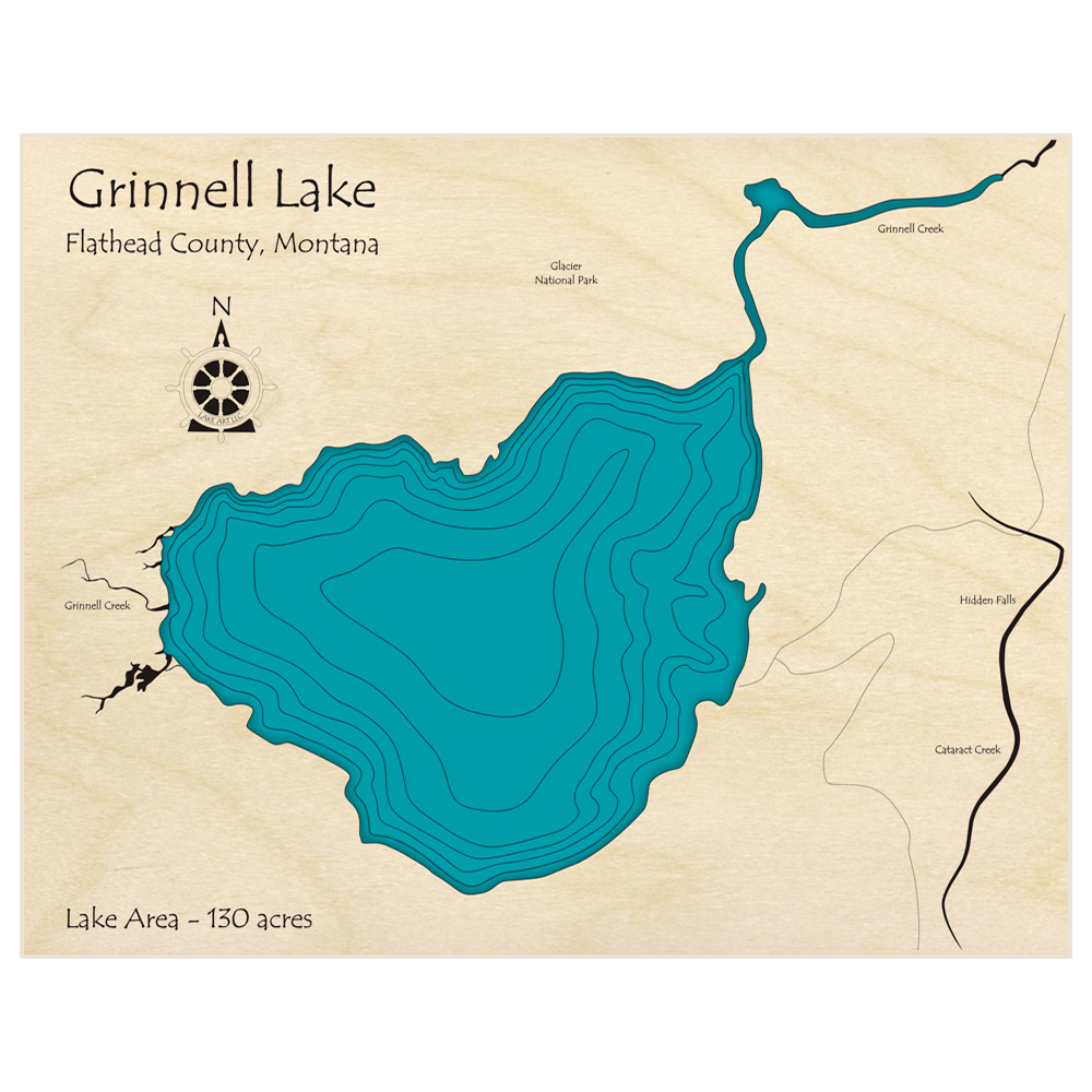 Bathymetric topo map of Grinnell Lake  with roads, towns and depths noted in blue water