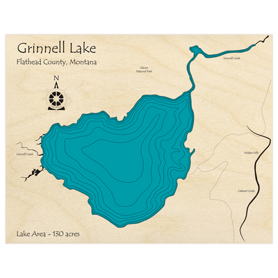 Bathymetric topo map of Grinnell Lake  with roads, towns and depths noted in blue water