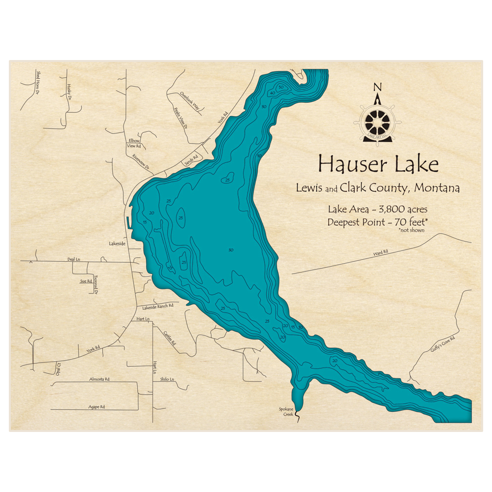 Bathymetric topo map of Hauser Lake with roads, towns and depths noted in blue water