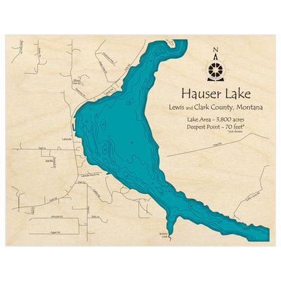 Bathymetric topo map of Hauser Lake with roads, towns and depths noted in blue water