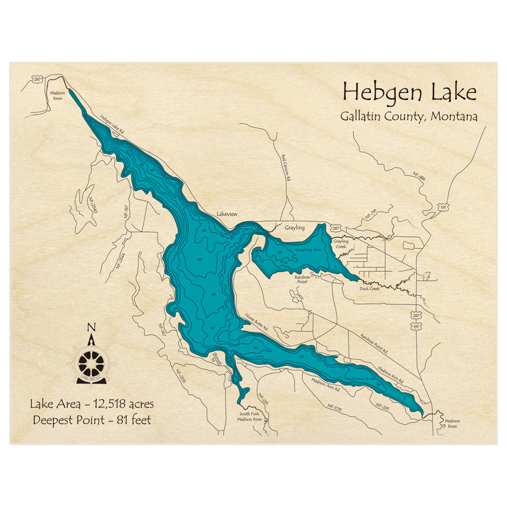 Bathymetric topo map of Hebgen Lake with roads, towns and depths noted in blue water