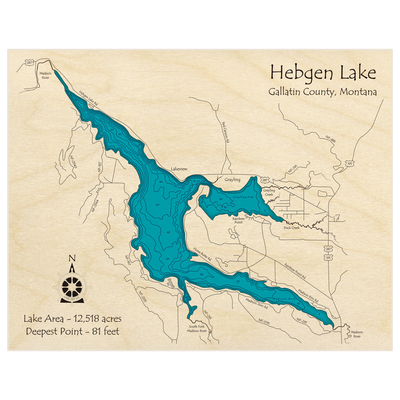 Bathymetric topo map of Hebgen Lake with roads, towns and depths noted in blue water