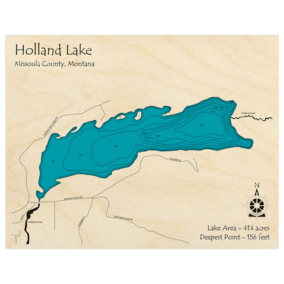 Bathymetric topo map of Holland Lake with roads, towns and depths noted in blue water