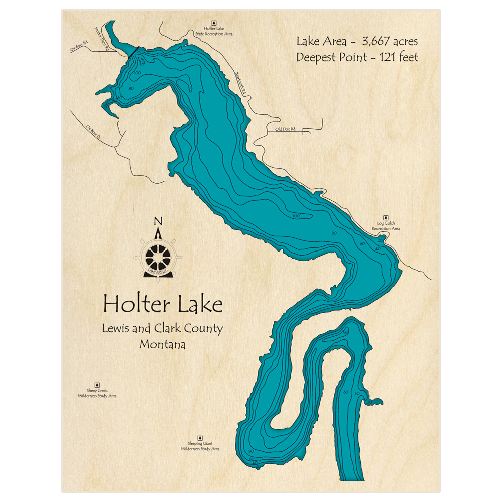 Bathymetric topo map of Holter Lake (northern area) with roads, towns and depths noted in blue water