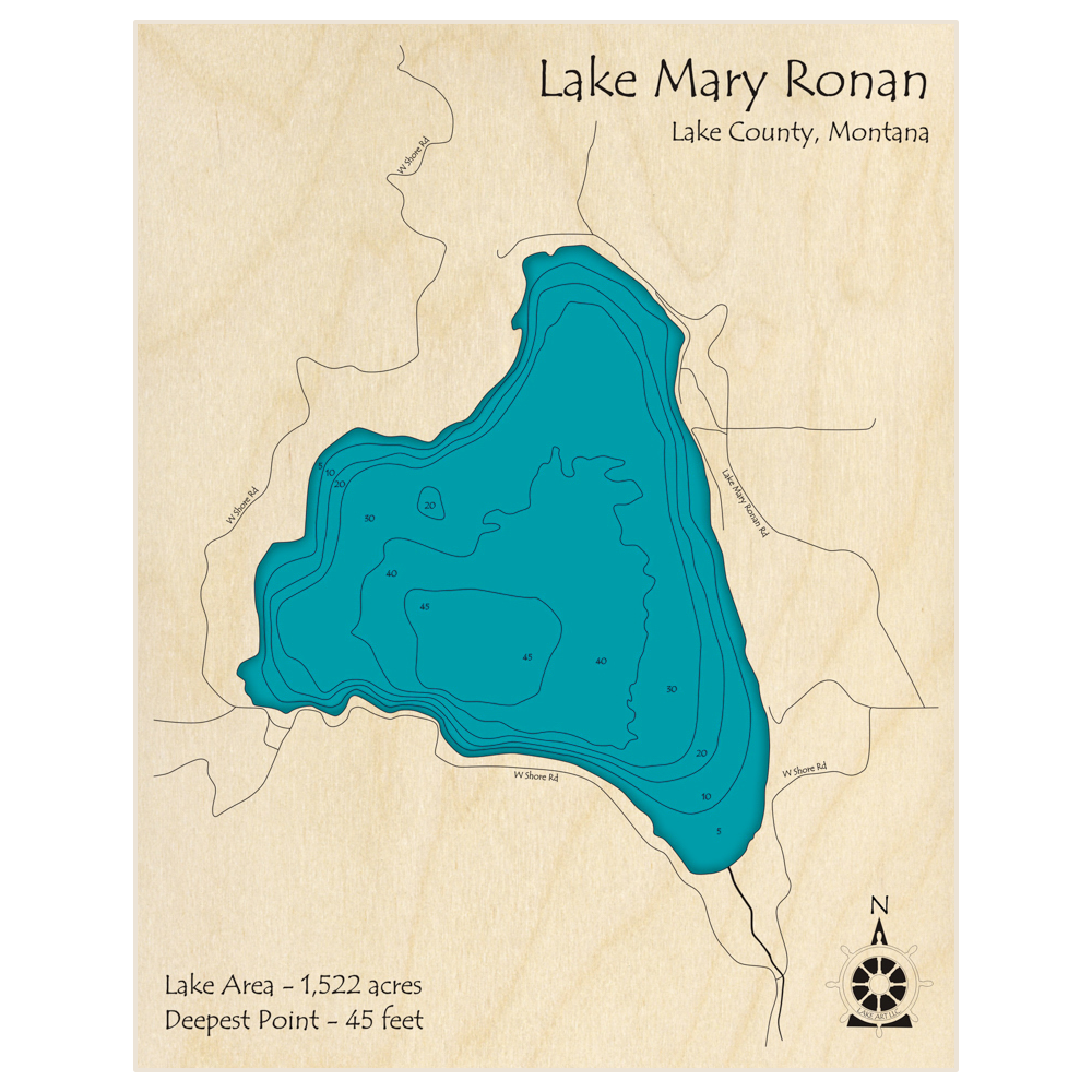 Bathymetric topo map of Lake Mary Ronan with roads, towns and depths noted in blue water