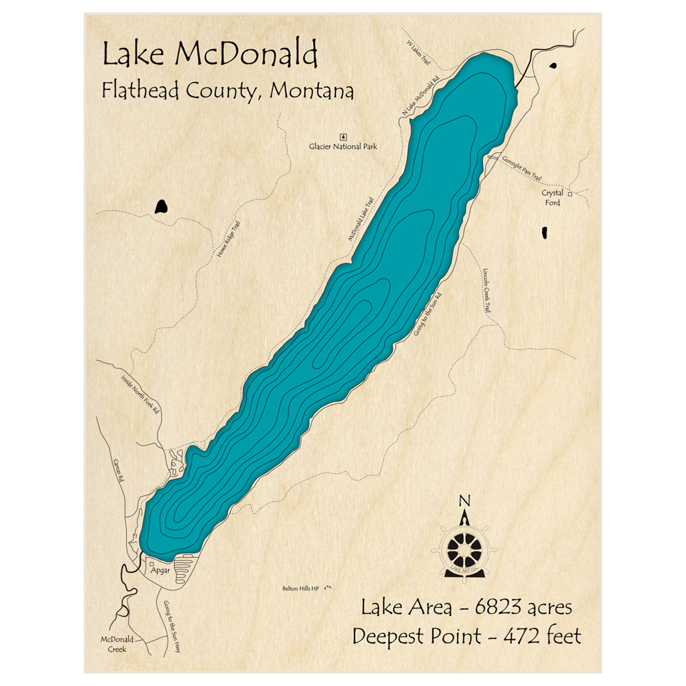 Bathymetric topo map of Lake McDonald  with roads, towns and depths noted in blue water