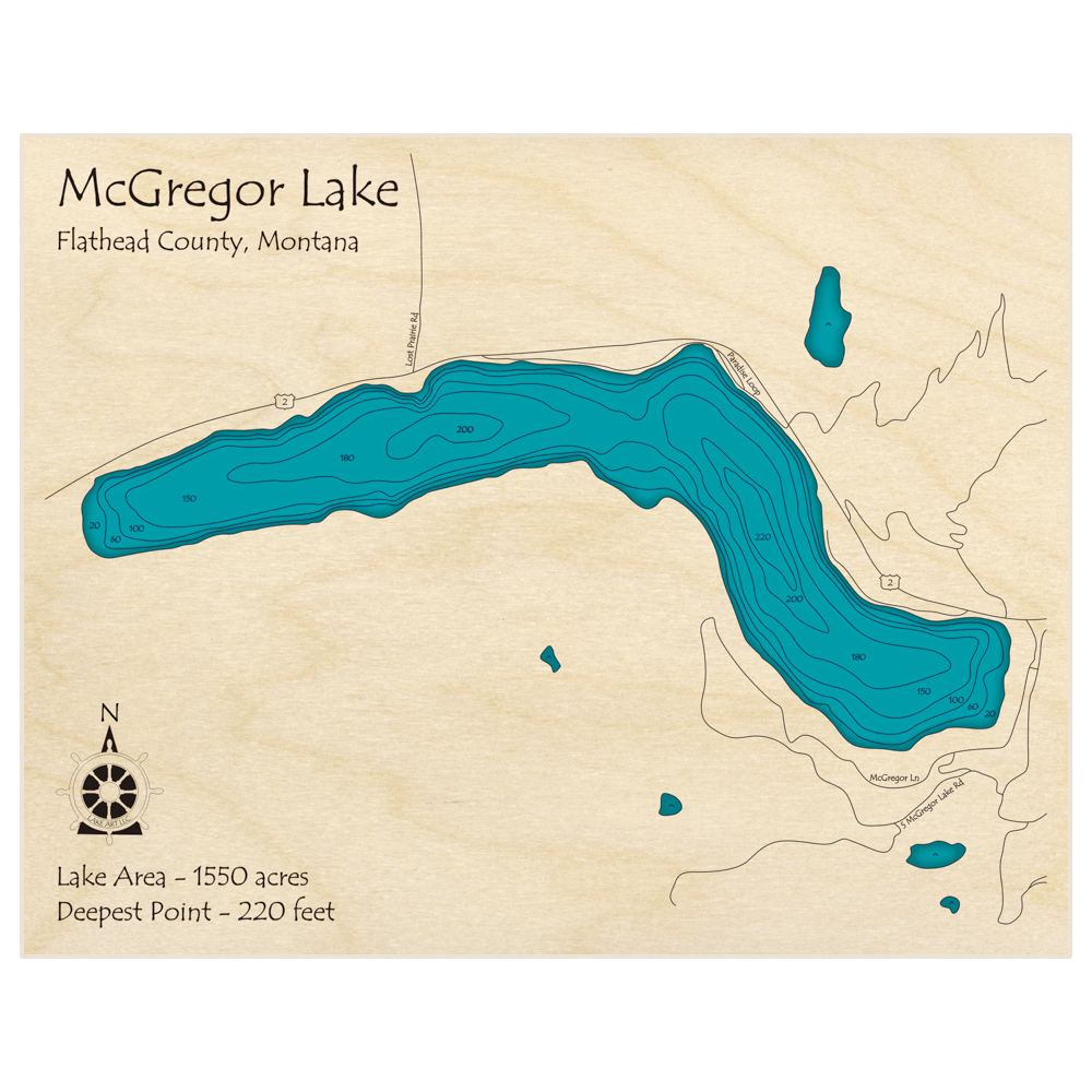 Bathymetric topo map of McGregor Lake with roads, towns and depths noted in blue water