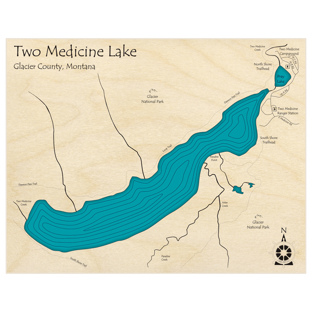 Bathymetric topo map of Two Medicine Lake  with roads, towns and depths noted in blue water