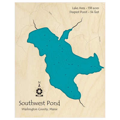 Bathymetric topo map of Southwest Pond with roads, towns and depths noted in blue water