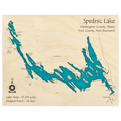 Bathymetric topo map of Spednic Lake with roads, towns and depths noted in blue water