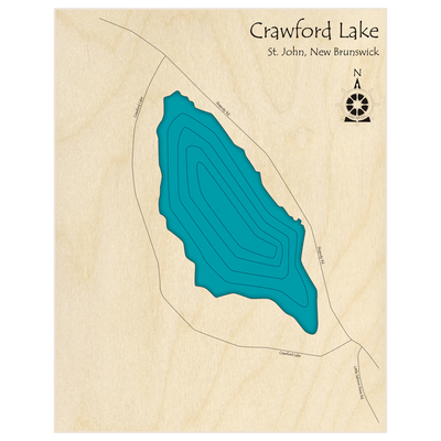 Bathymetric topo map of Crawford Lake  with roads, towns and depths noted in blue water