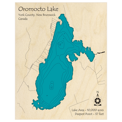 Bathymetric topo map of Oromocto Lake with roads, towns and depths noted in blue water