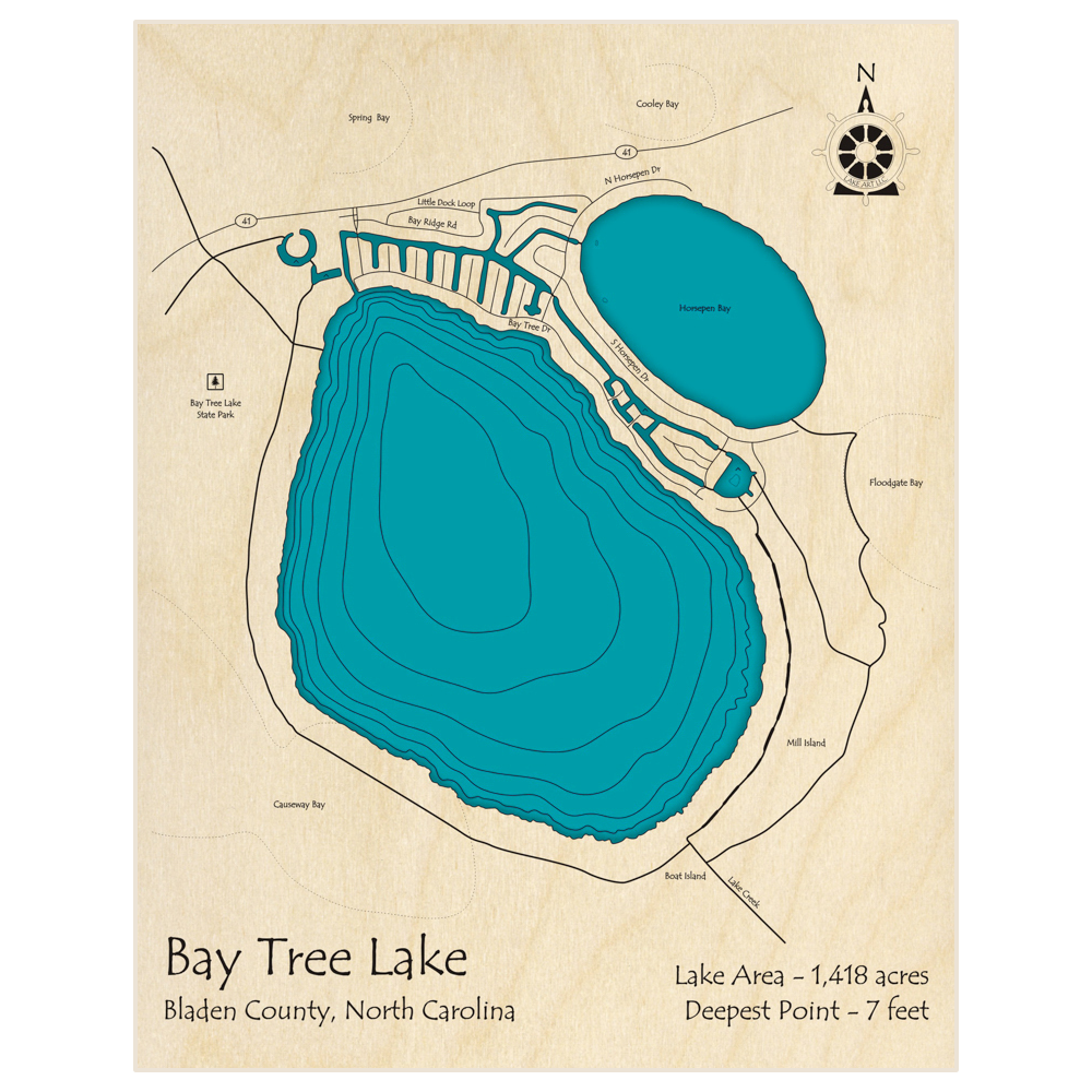 Bathymetric topo map of Bay Tree Lake  with roads, towns and depths noted in blue water