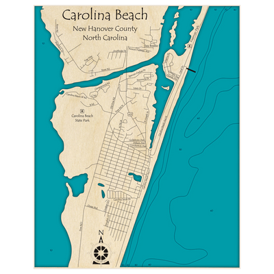 Bathymetric topo map of Carolina Beach with roads, towns and depths noted in blue water