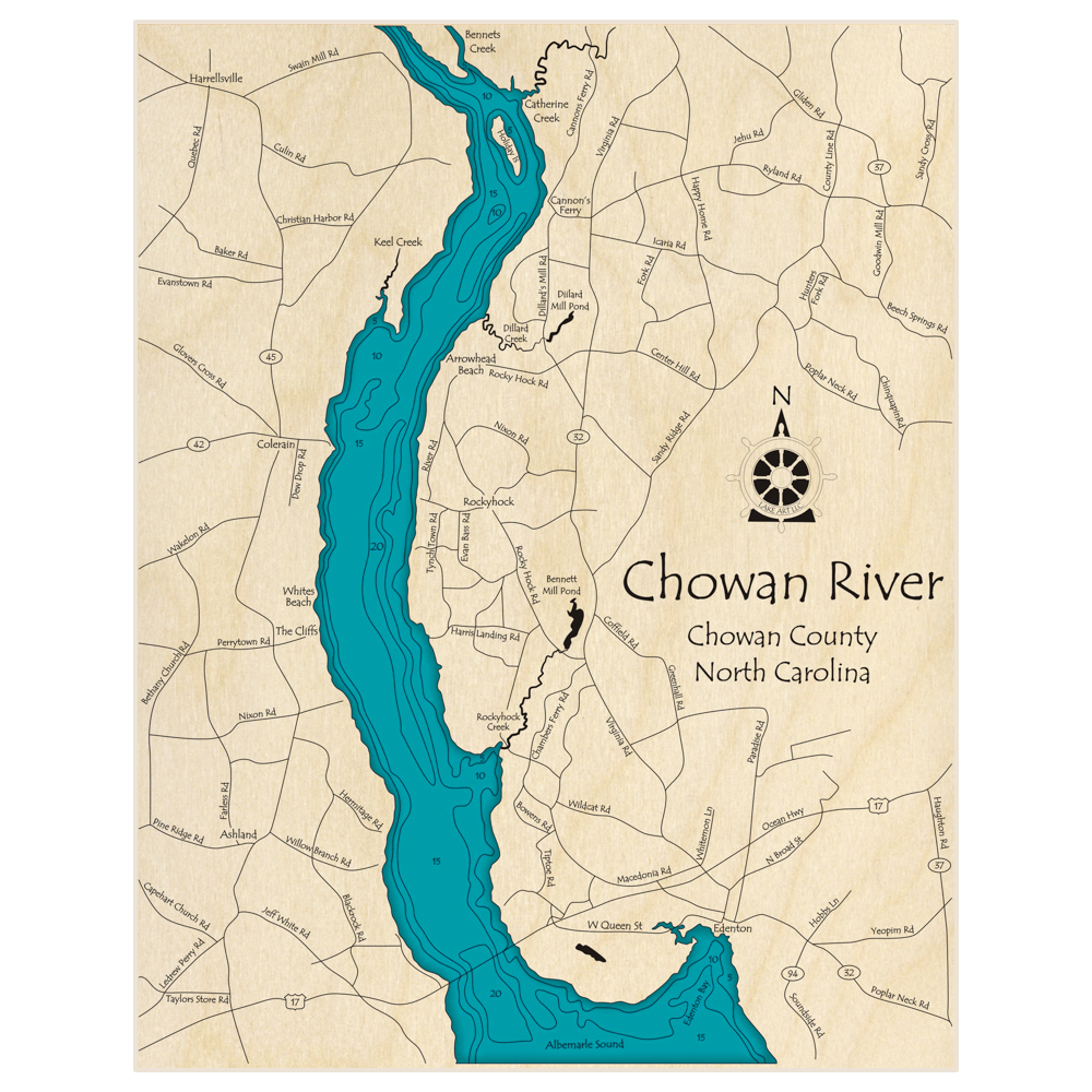 Bathymetric topo map of Chowan River (from Edenton to Bennets Creek) with roads, towns and depths noted in blue water