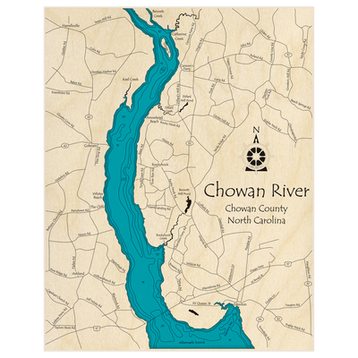 Bathymetric topo map of Chowan River (from Edenton to Bennets Creek) with roads, towns and depths noted in blue water