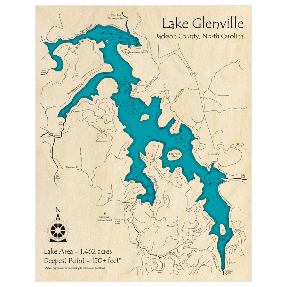 Bathymetric topo map of Lake Glenville with roads, towns and depths noted in blue water