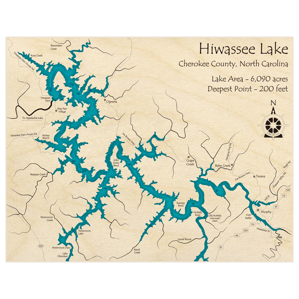 Bathymetric topo map of Lake Hiwassee with roads, towns and depths noted in blue water