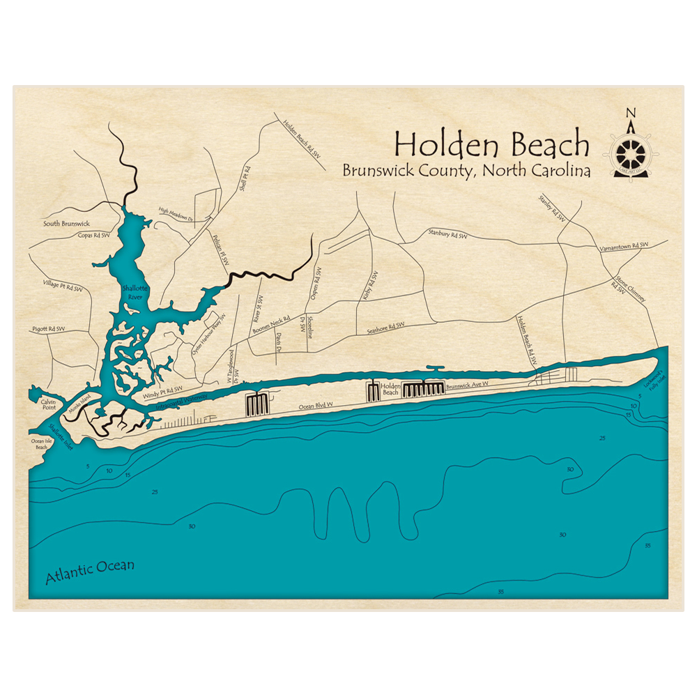 Bathymetric topo map of Holden Beach with roads, towns and depths noted in blue water