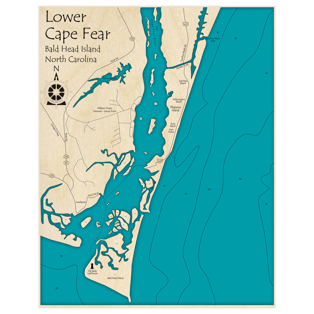 Bathymetric topo map of Lower Cape Fear with roads, towns and depths noted in blue water