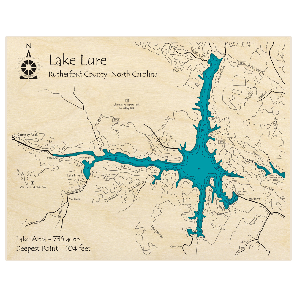 Bathymetric topo map of Lake Lure with roads, towns and depths noted in blue water