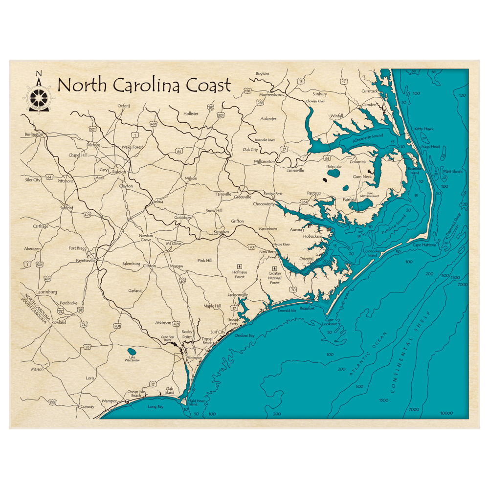 Bathymetric topo map of North Carolina Coast (From Ocean Isle Beach to Currituck) with roads, towns and depths noted in blue water