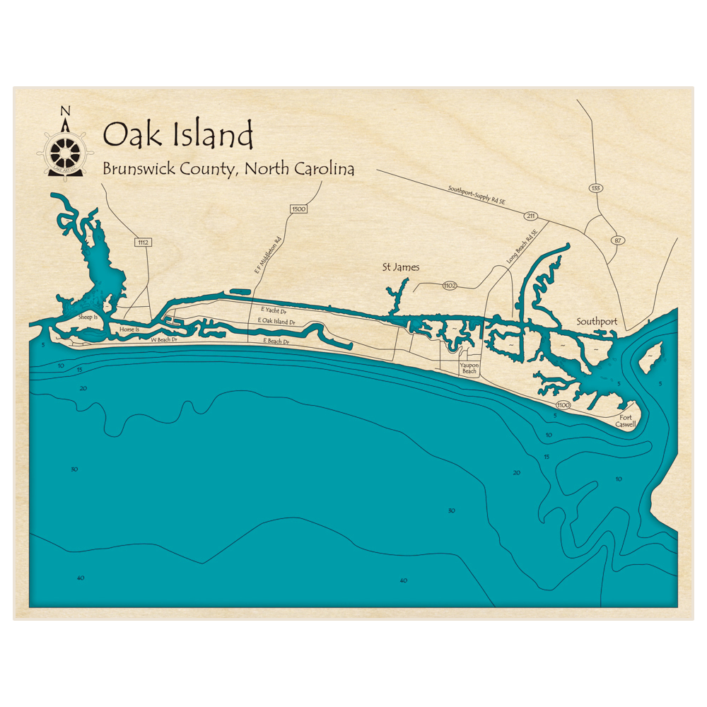 Bathymetric topo map of Oak Island with roads, towns and depths noted in blue water
