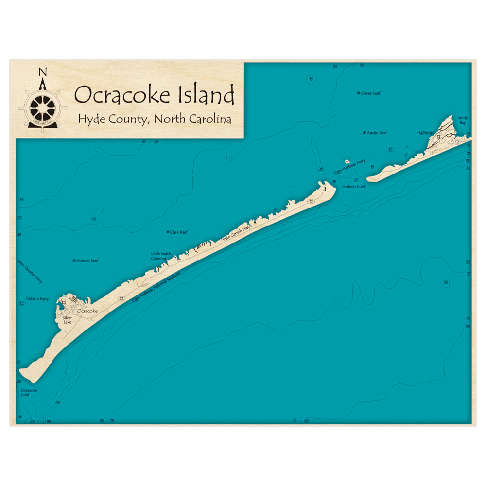 Bathymetric topo map of Ocracoke Island with roads, towns and depths noted in blue water