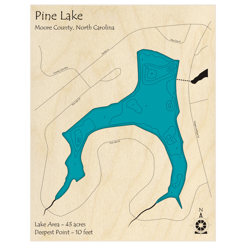 Bathymetric topo map of Pine Lake with roads, towns and depths noted in blue water