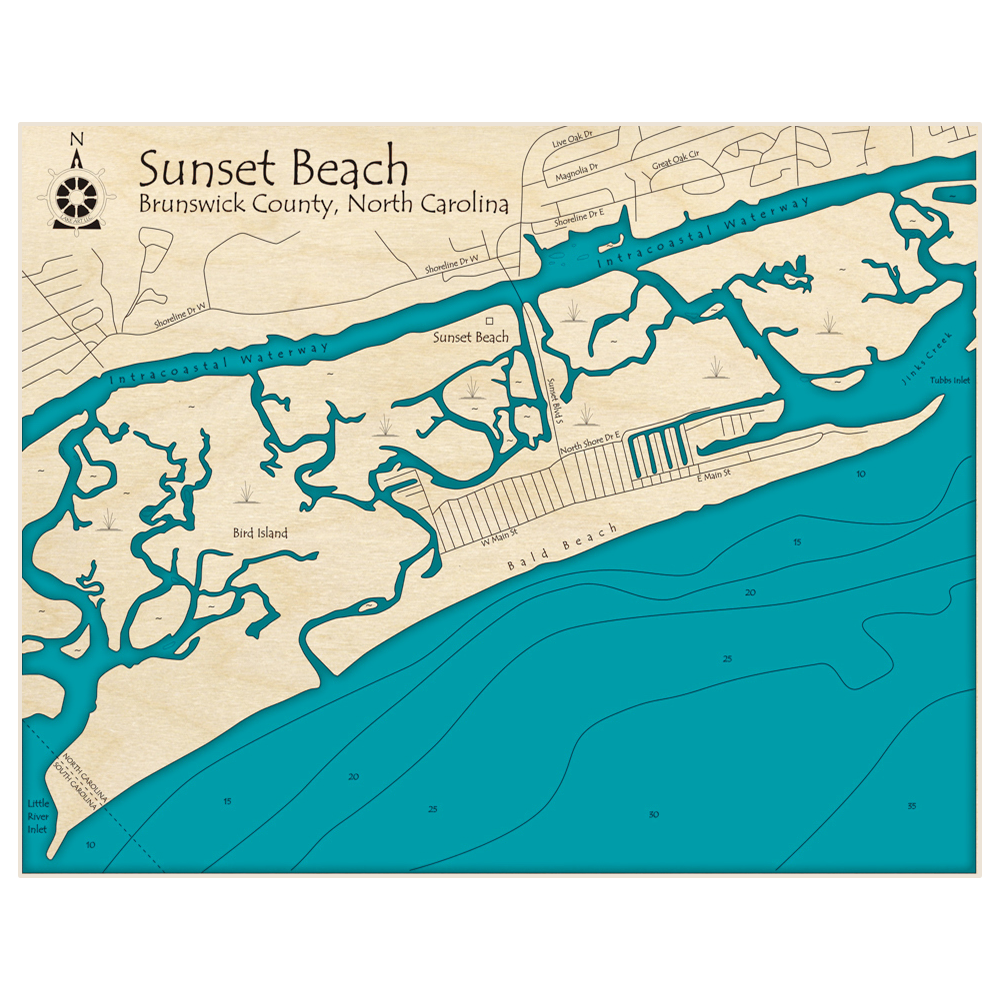 Bathymetric topo map of Sunset Beach with roads, towns and depths noted in blue water