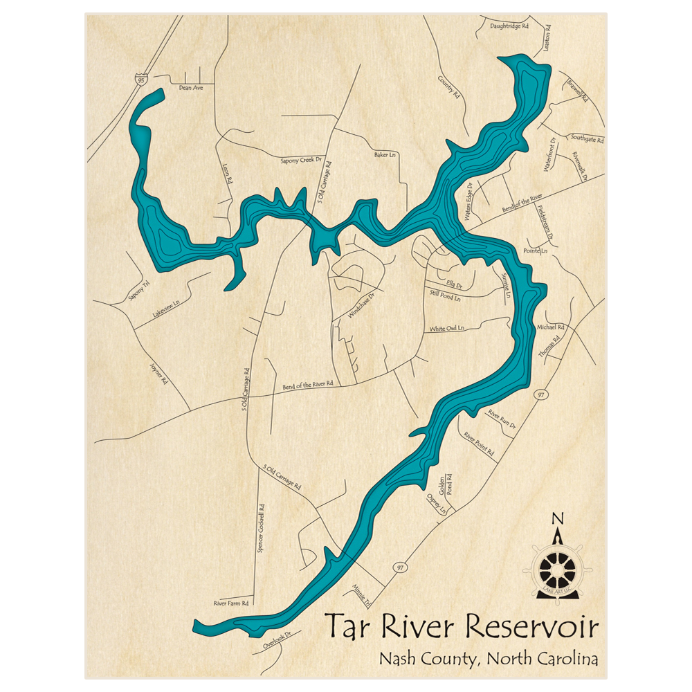 Bathymetric topo map of Tar River Reservoir  with roads, towns and depths noted in blue water