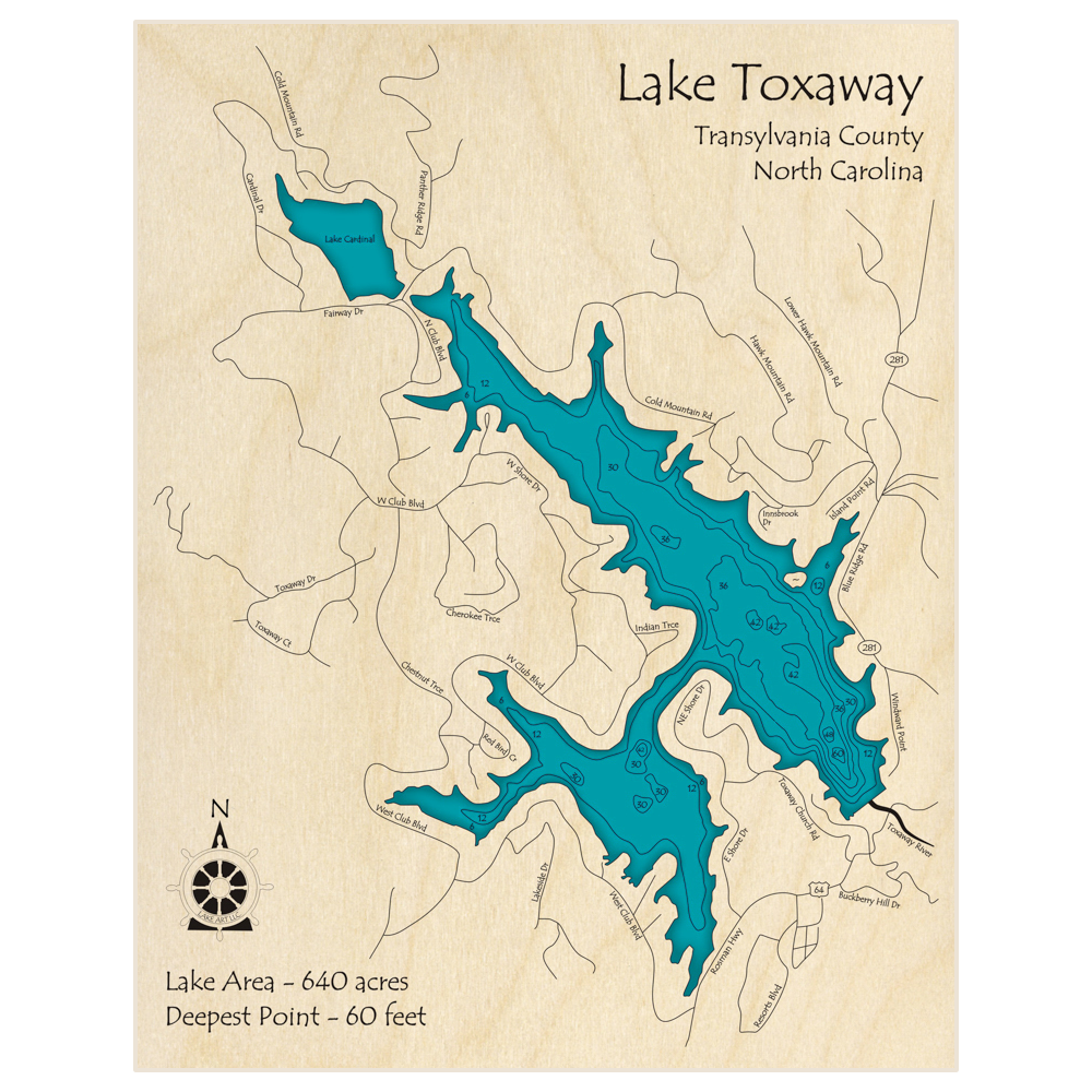 Bathymetric topo map of Lake Toxaway and Cardinal Lake with roads, towns and depths noted in blue water