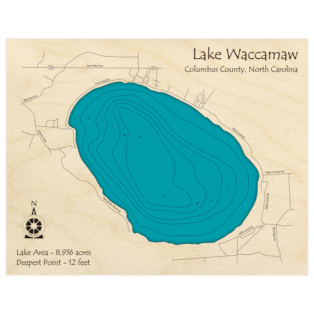 Bathymetric topo map of Lake Waccamaw with roads, towns and depths noted in blue water