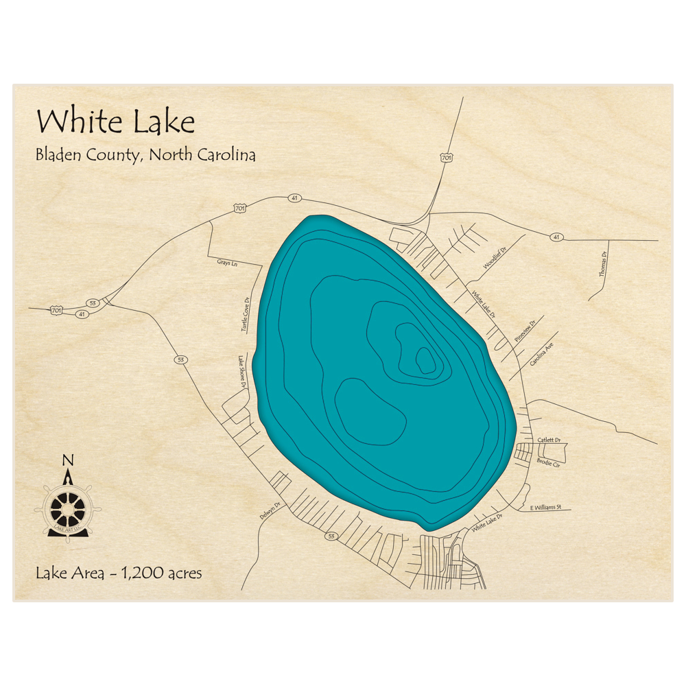 Bathymetric topo map of White Lake  with roads, towns and depths noted in blue water