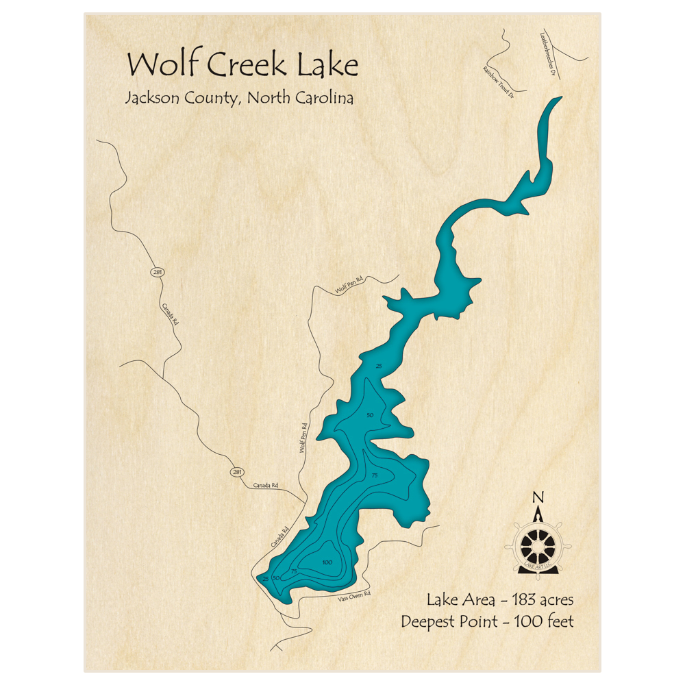 Bathymetric topo map of Wolf Creek Reservoir with roads, towns and depths noted in blue water